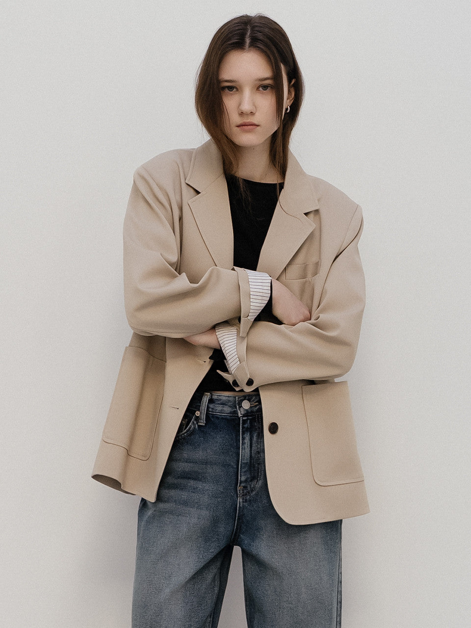 Tillidie Stripe cuff 3-button blazer Beige