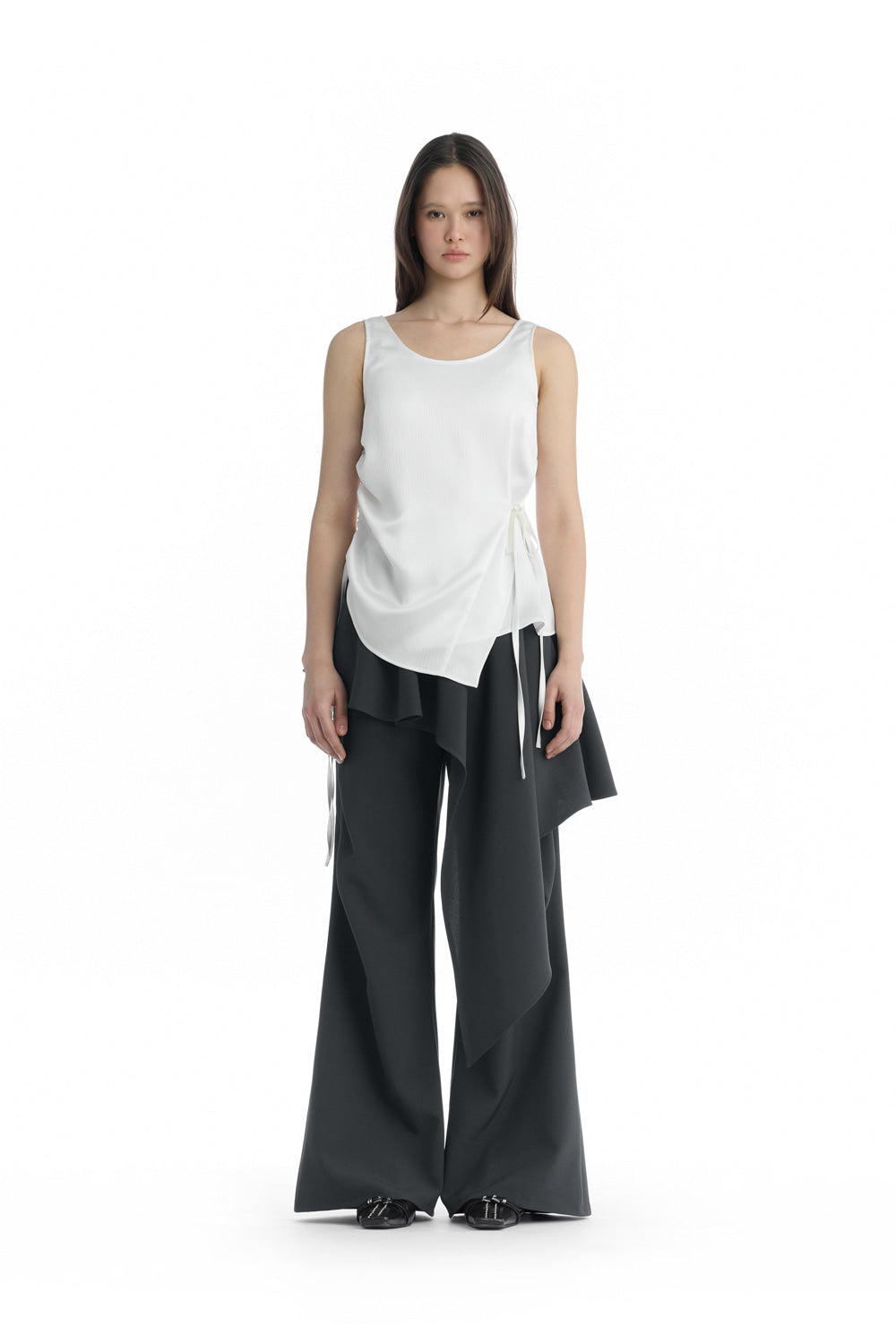 Treemingbird Satin Side-Drawstring Sleeveless Top White