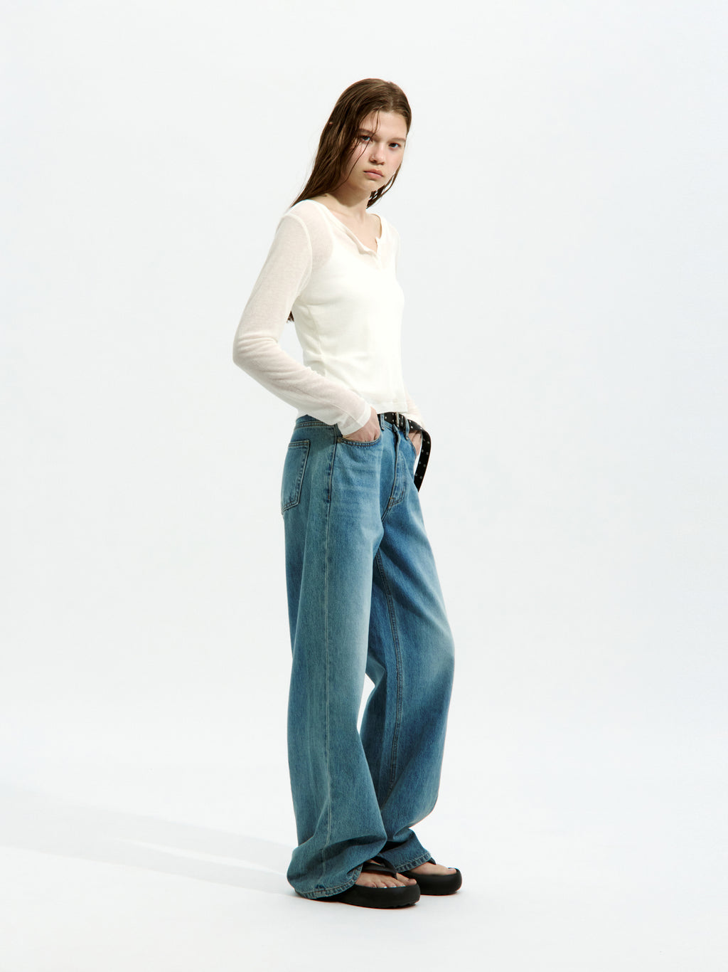 Low Classic See-Through Henry Neck Long Sleeve T-Shirt Ivory
