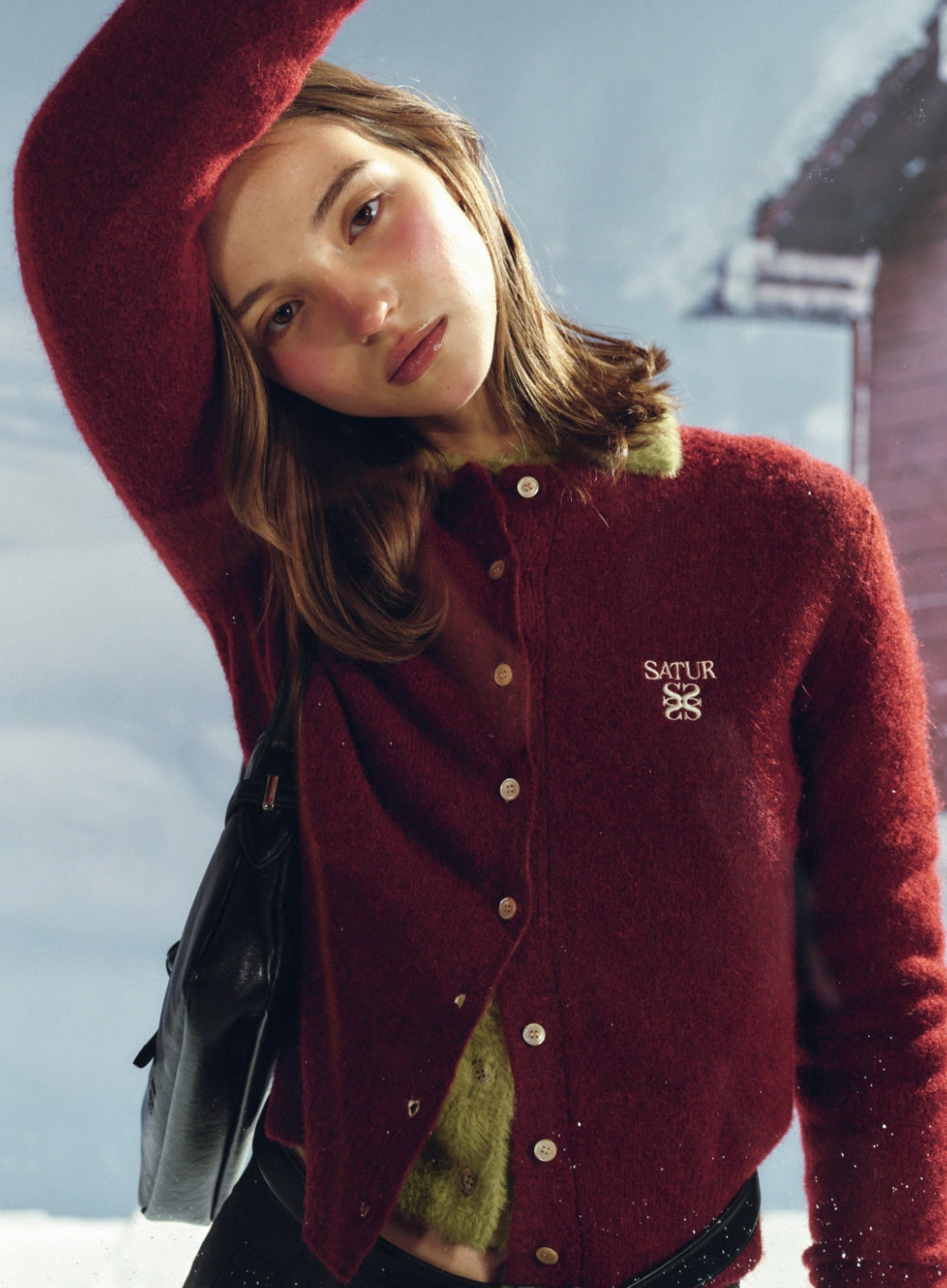 [satur] (W) Loren Wool Blend Crew Neck Knit Cardigan - Red