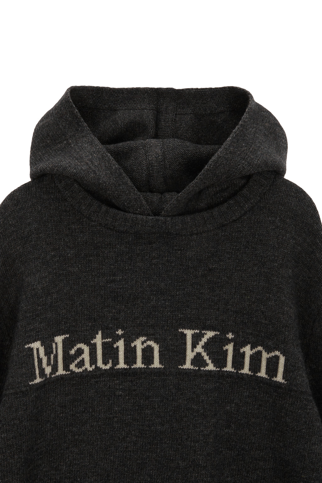 [matinkim] DAMAGE LOGO KNIT HOODIE IN CHARCOAL