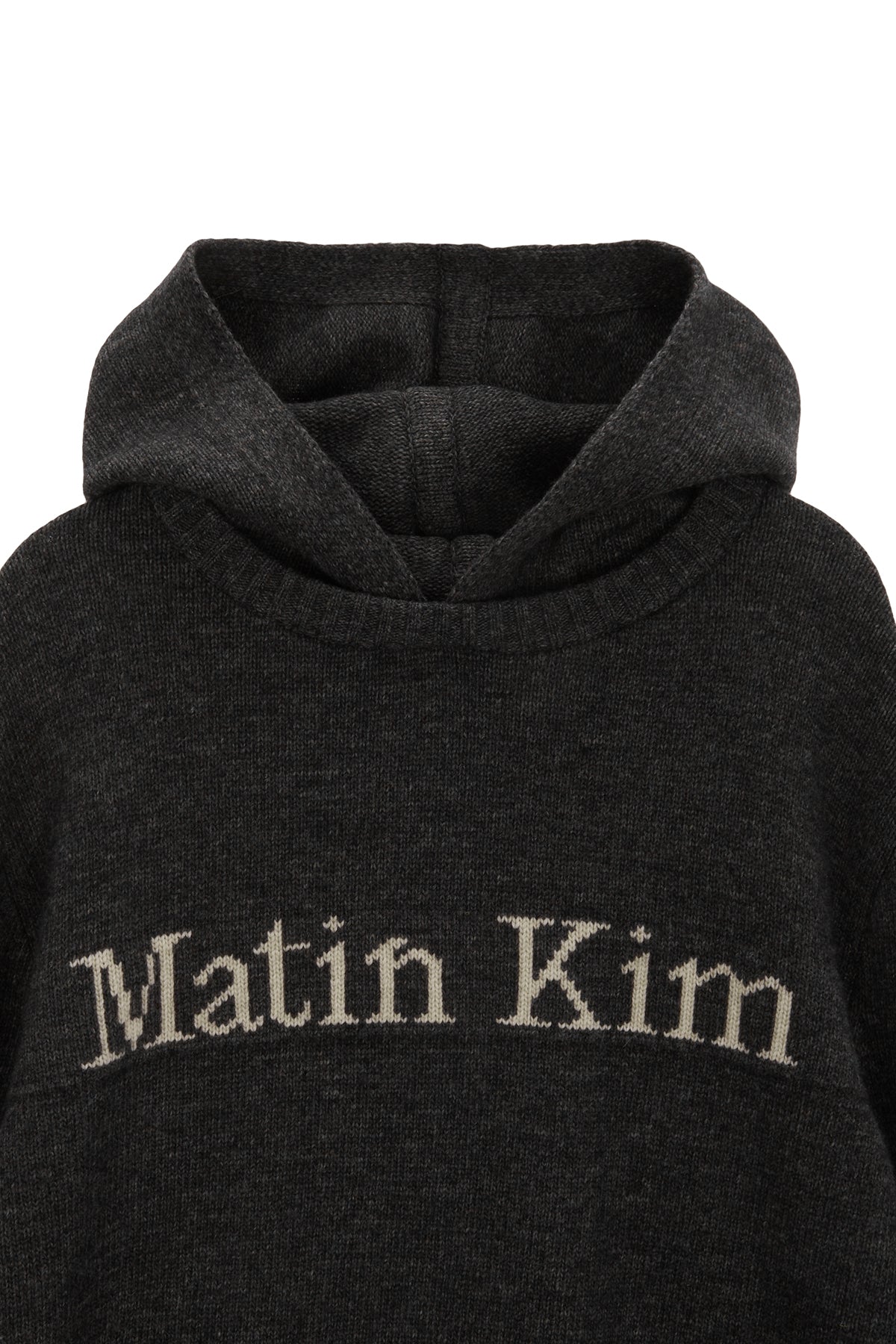 [matinkim] DAMAGE LOGO KNIT HOODIE IN CHARCOAL