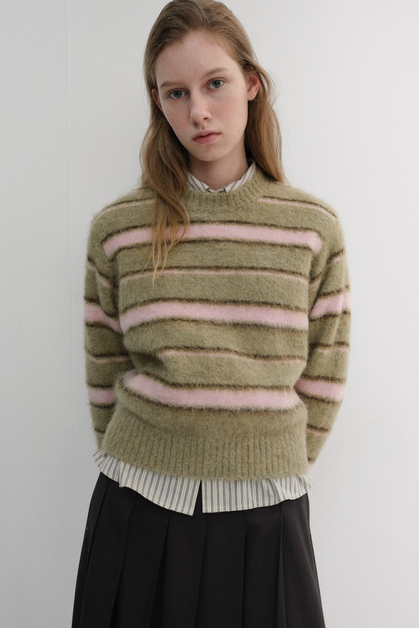 Dunst Unisex Striped Hairy Sweater Olive Pink