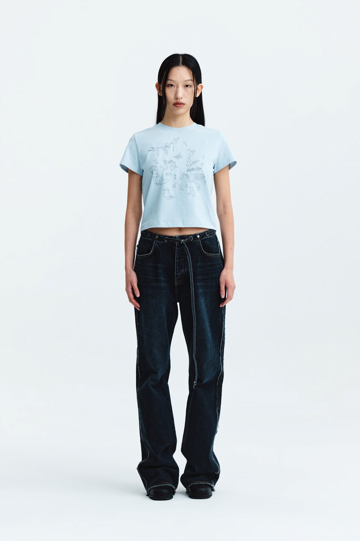 [matinkim] WAIST STRING BELTED DENIM PANTS IN NAVY