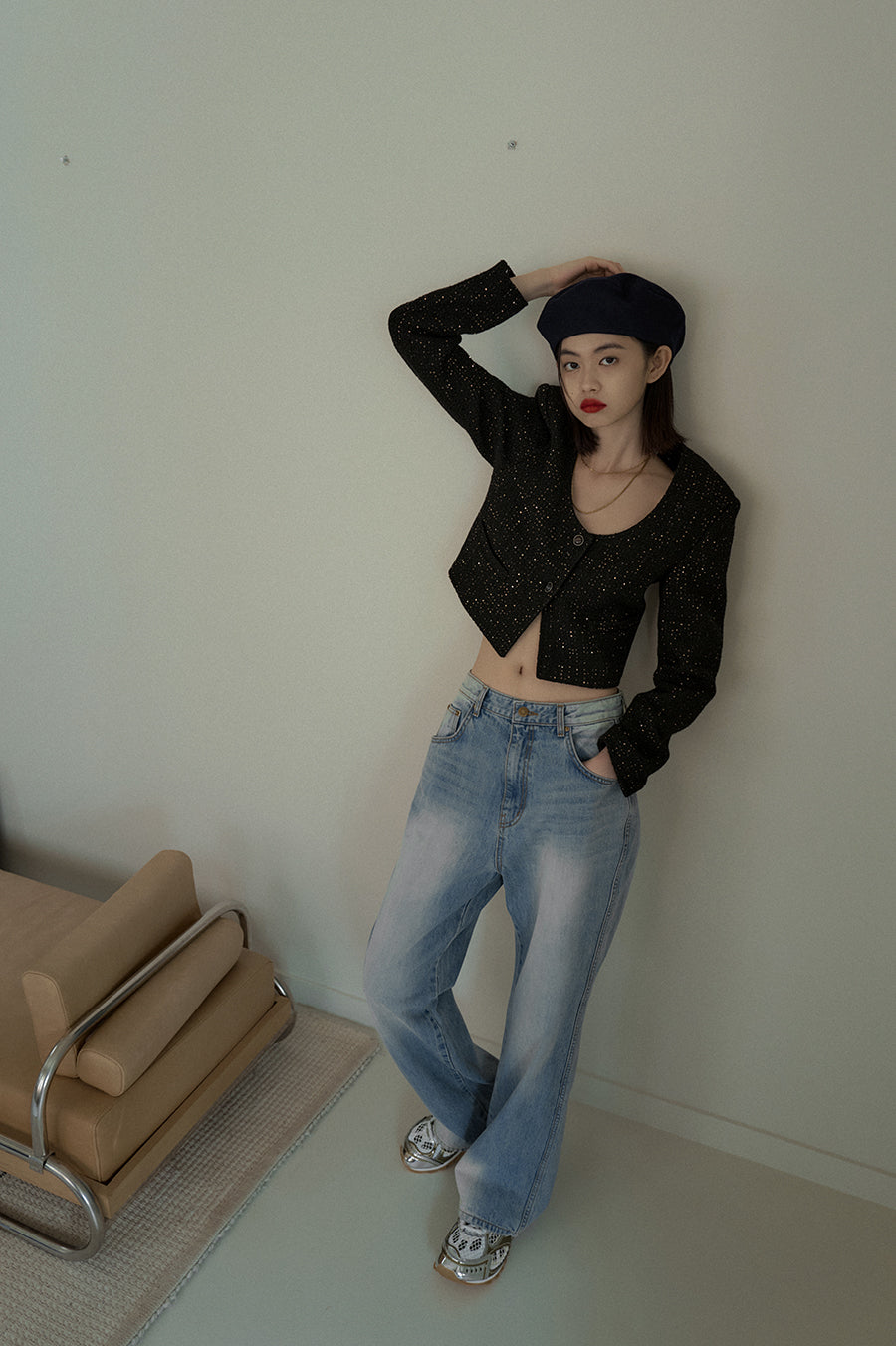 Overdueflair Tweed U Neck Crop Jacket Black