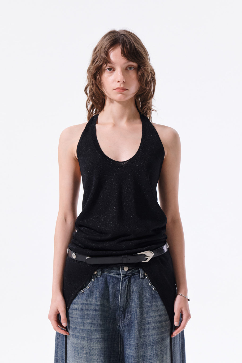 [matinkim] Layered Tie Halter Neck Knit Top IN Black