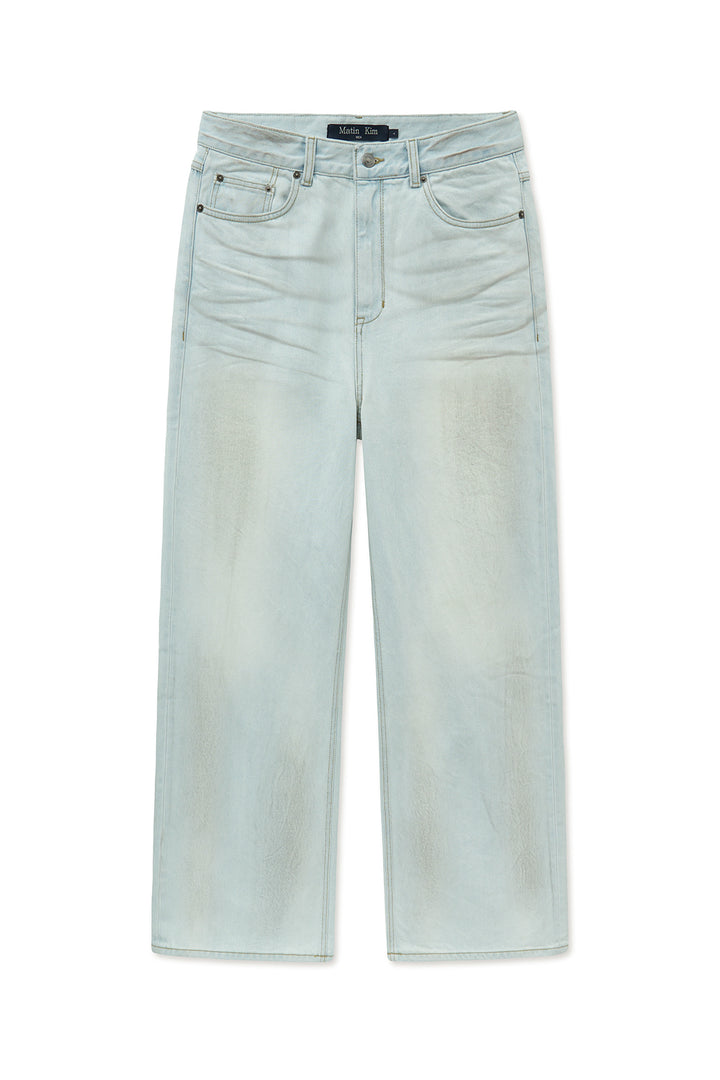 Matinkim Dirty Washed Denim Pants For Men IN Light Blue