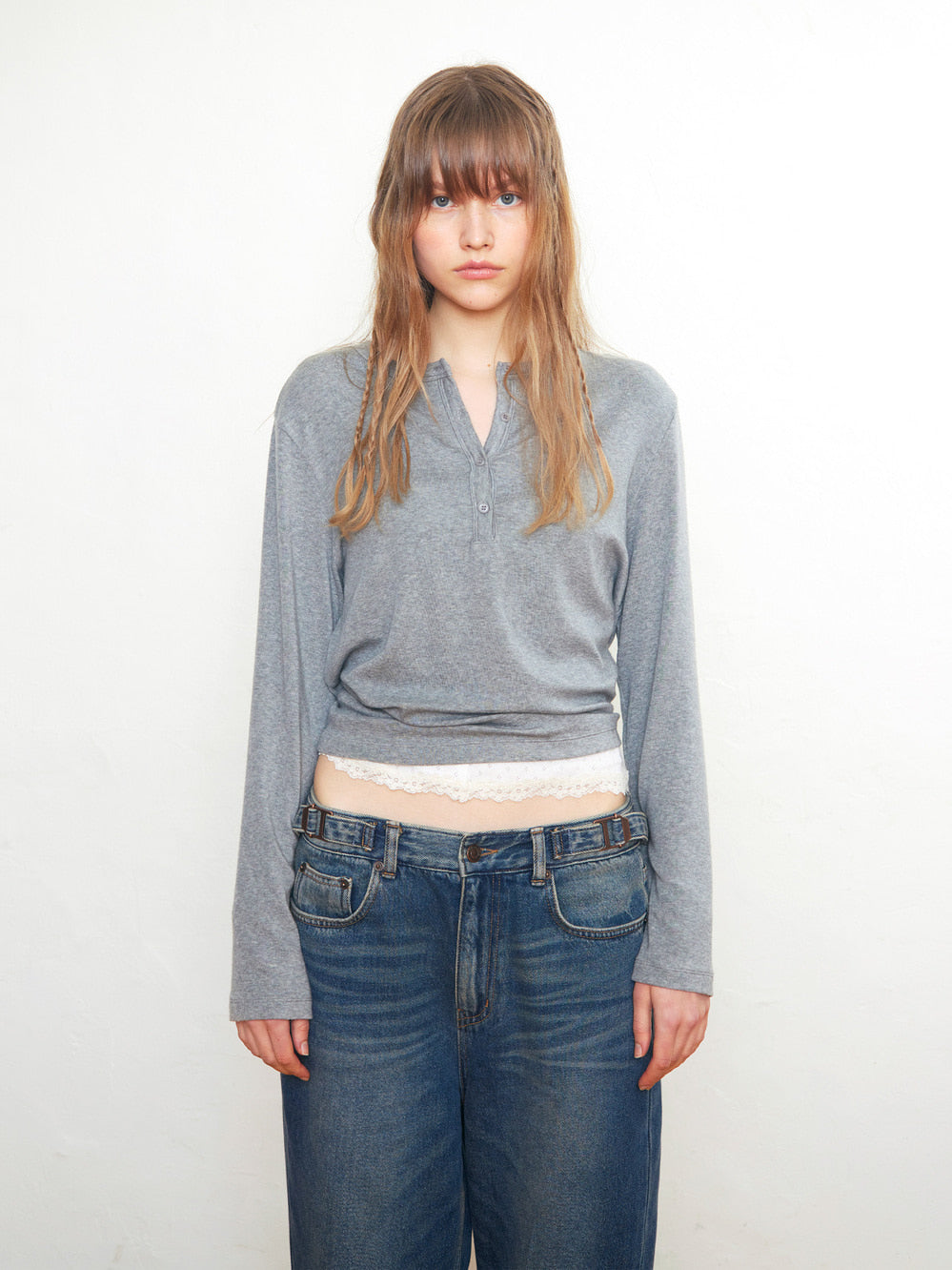 Low Classic Henry Neck Wool Jersey Warm T-Shirt - Melange Grey