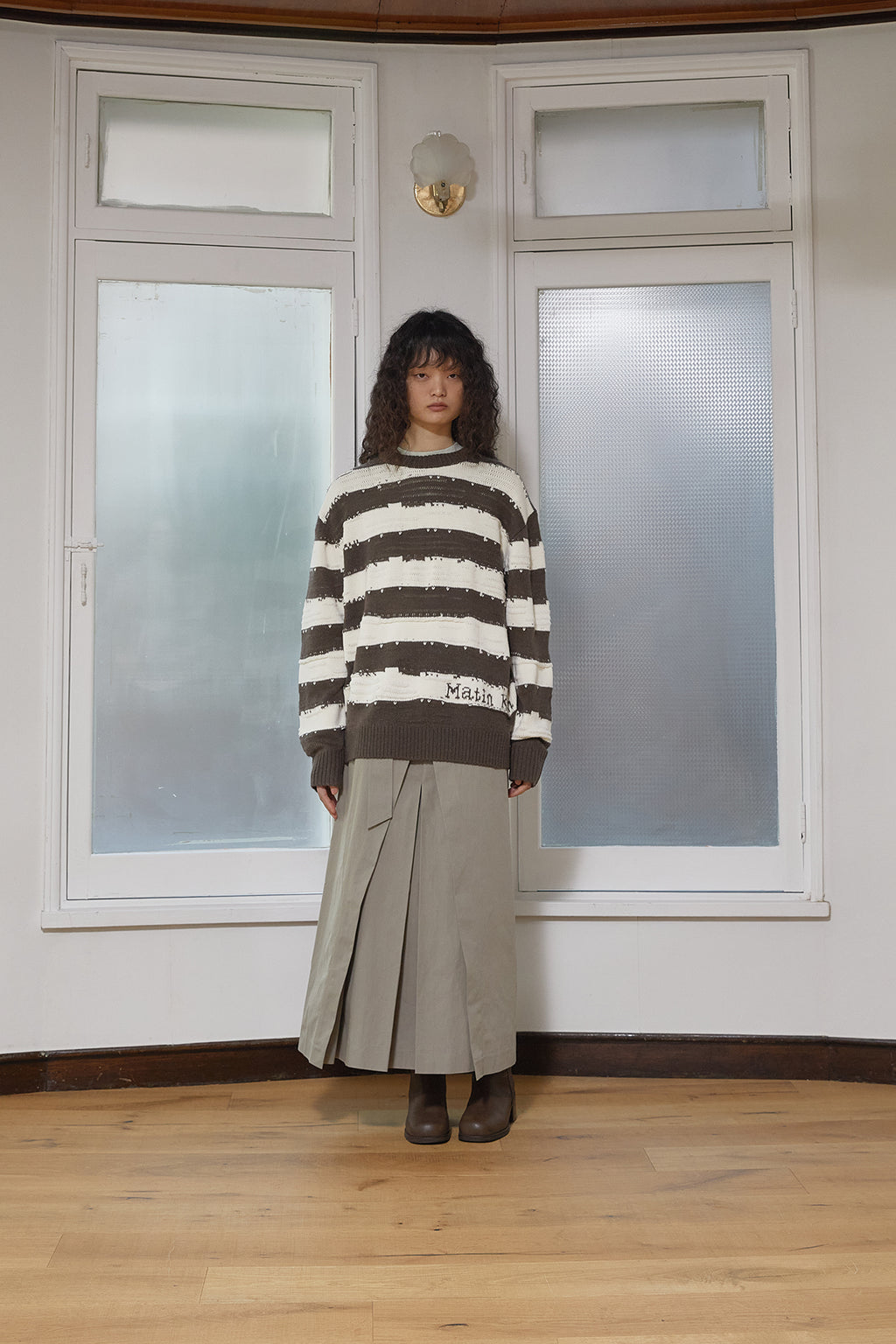 Matinkim Stripe Vintage Loose Pullover For Women IN Khaki Brown