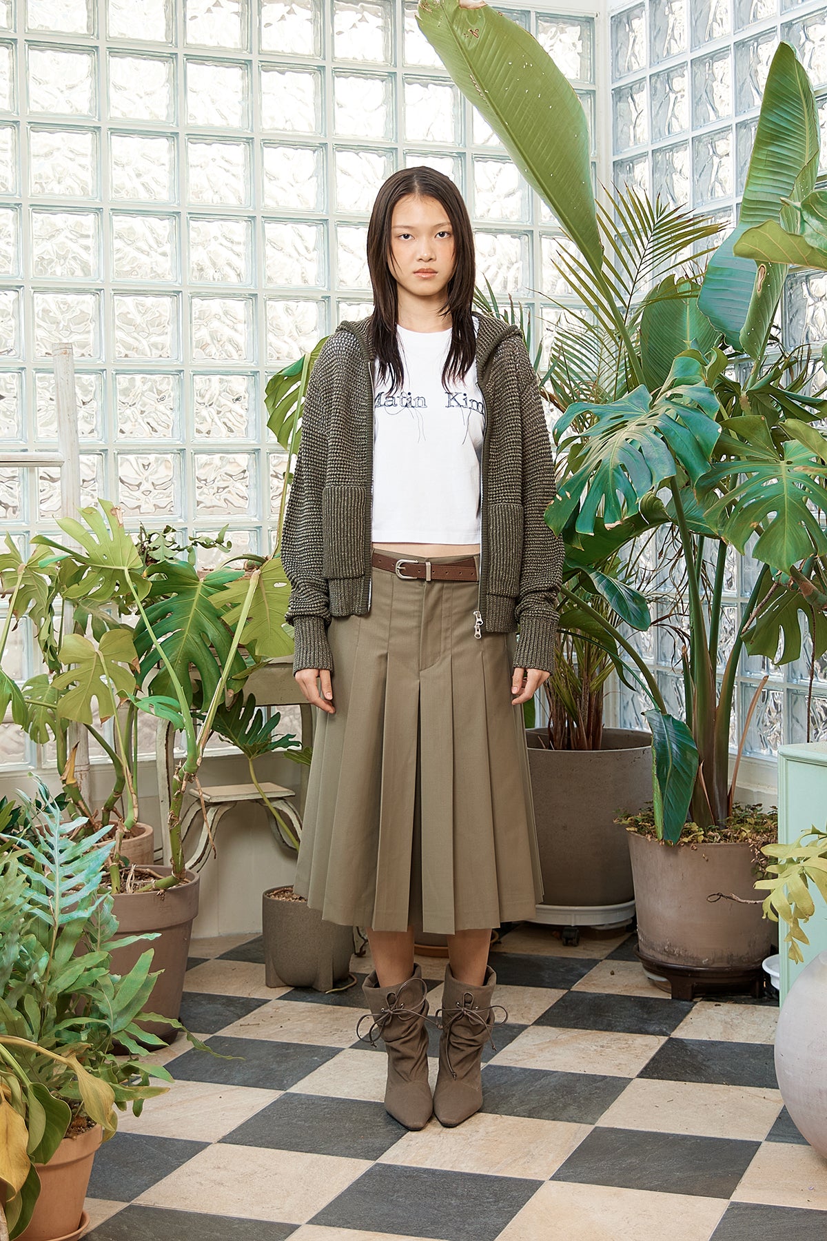 [matinkim] Two Tone Mesh Knit Hoody Zip UP IN Khaki