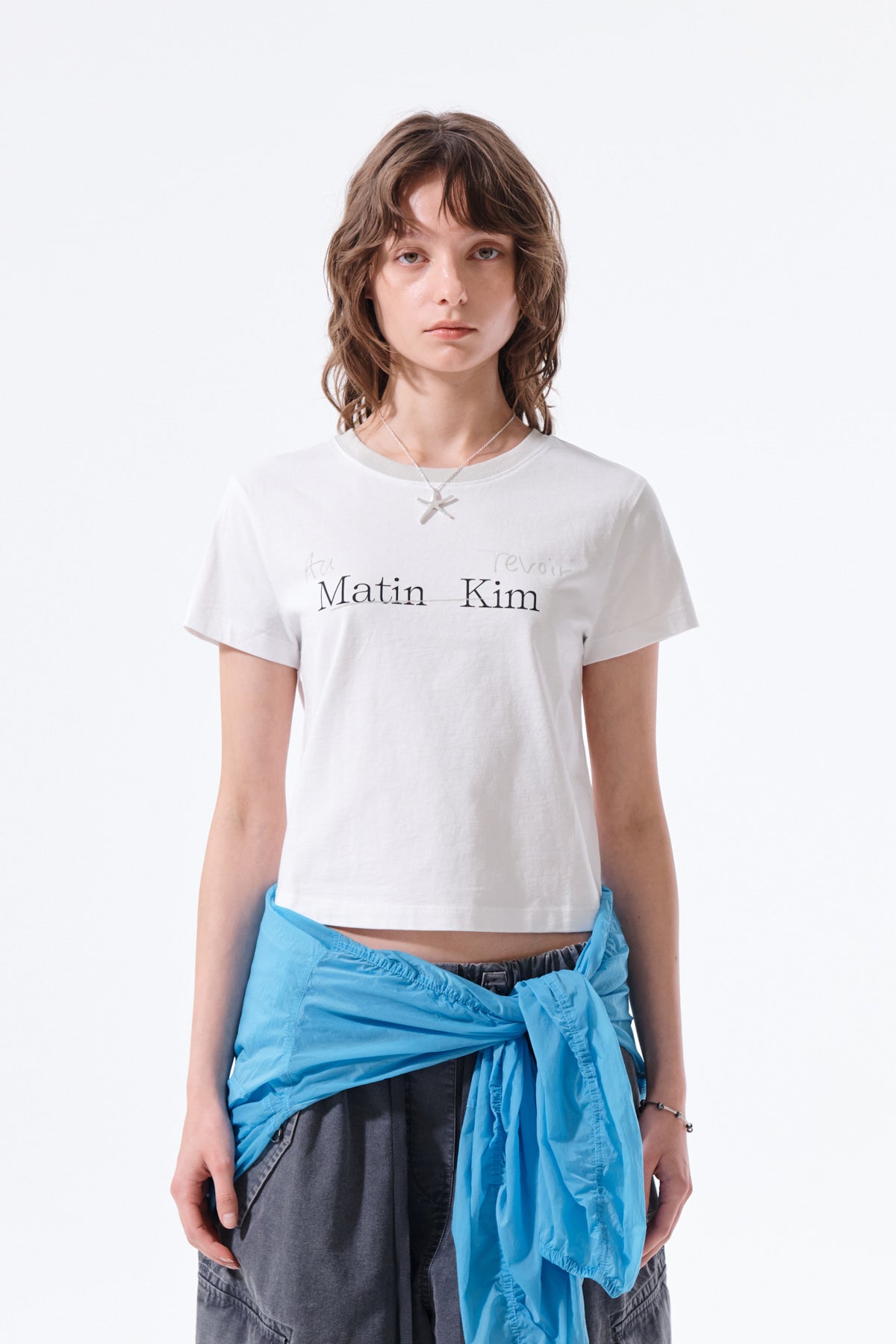 [matinkim] Tonal Rib Logo Crop Top IN White