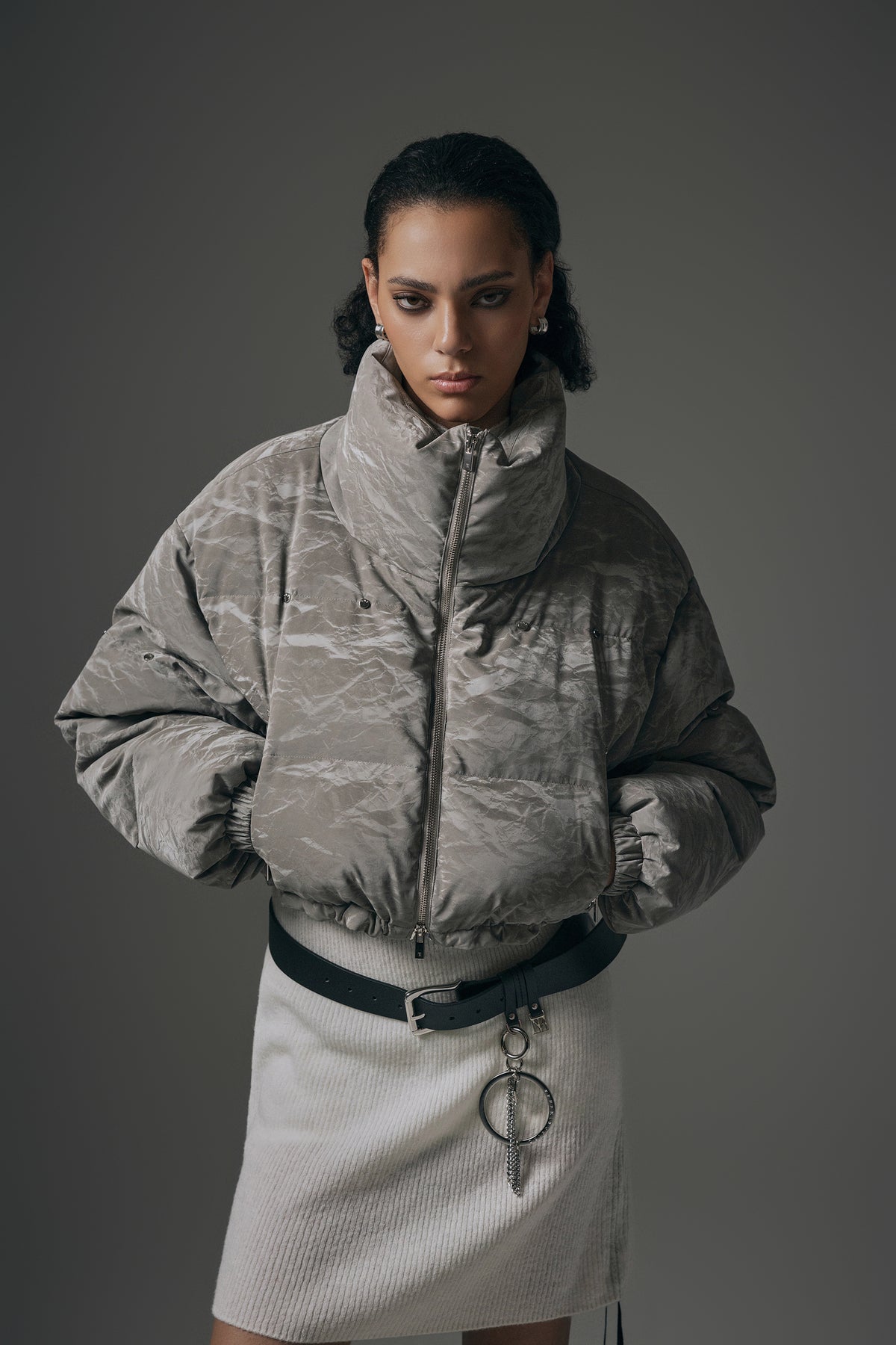 Treemingbird Rivet Point Crack Wrinkle Padding Jumper Gray