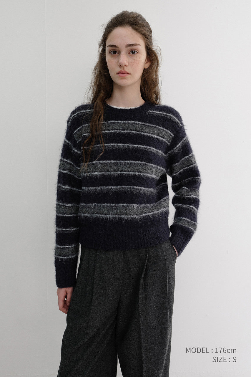 Dunst Unisex Striped Hairy Sweater Navy Grey