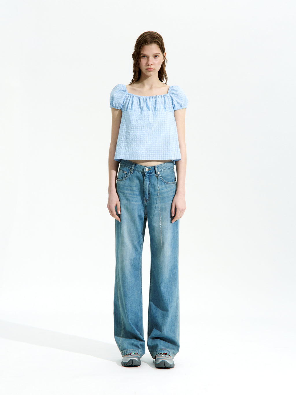 Low Classic Shirring Cotton Top Blue Check