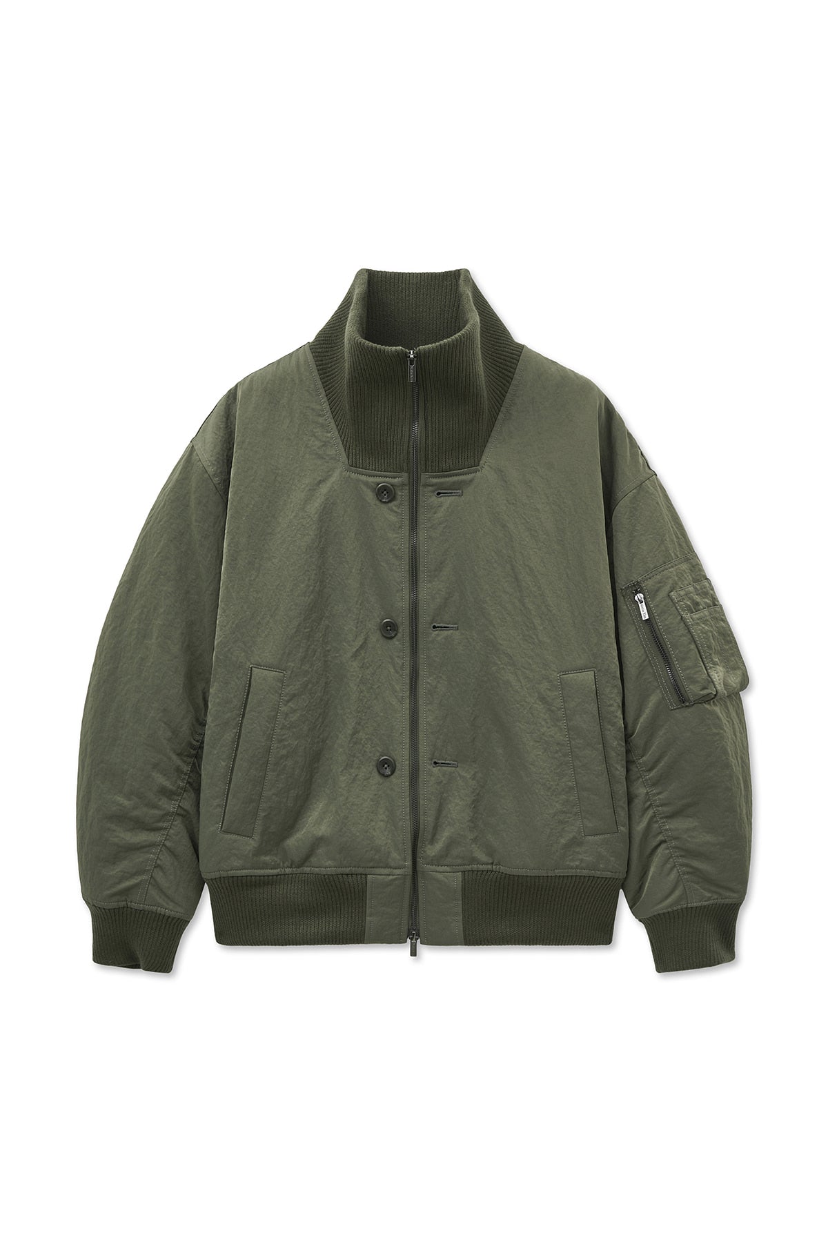 [matinkim] HIGH NECK BUTTON POINT ZIP UP JUMPER IN KHAKI