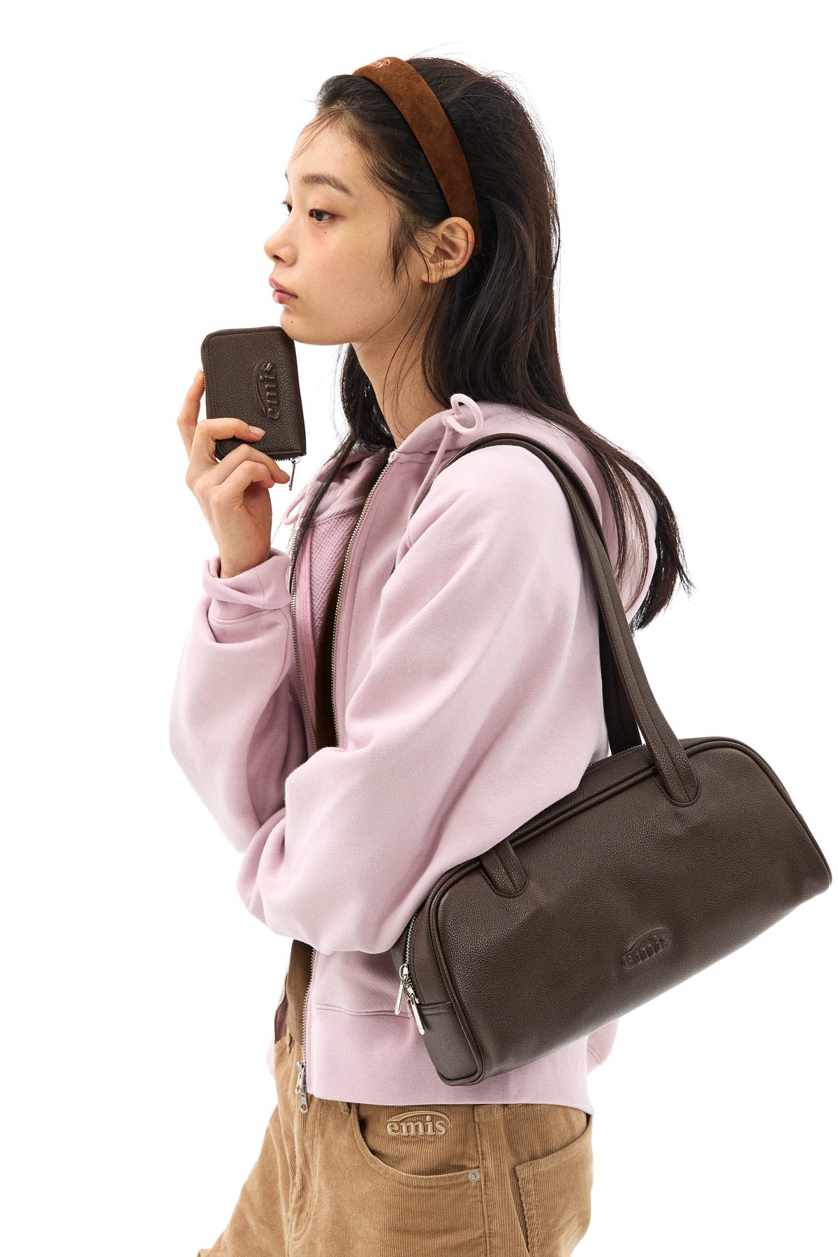 Emis Grain Long Handle Shoulder Bag-Brown