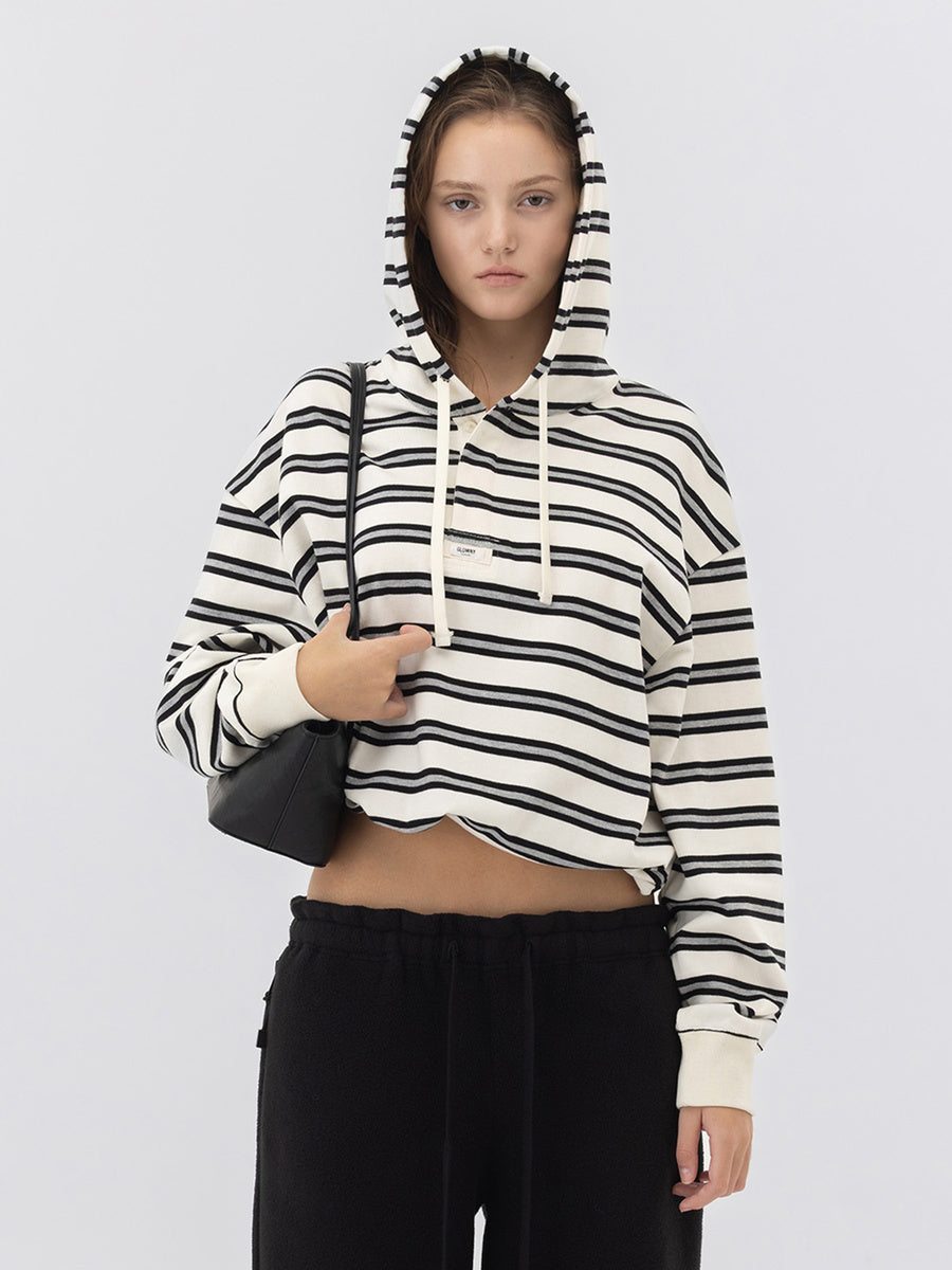 GLOWNY Heritage Stripe Button Hoodie (White)