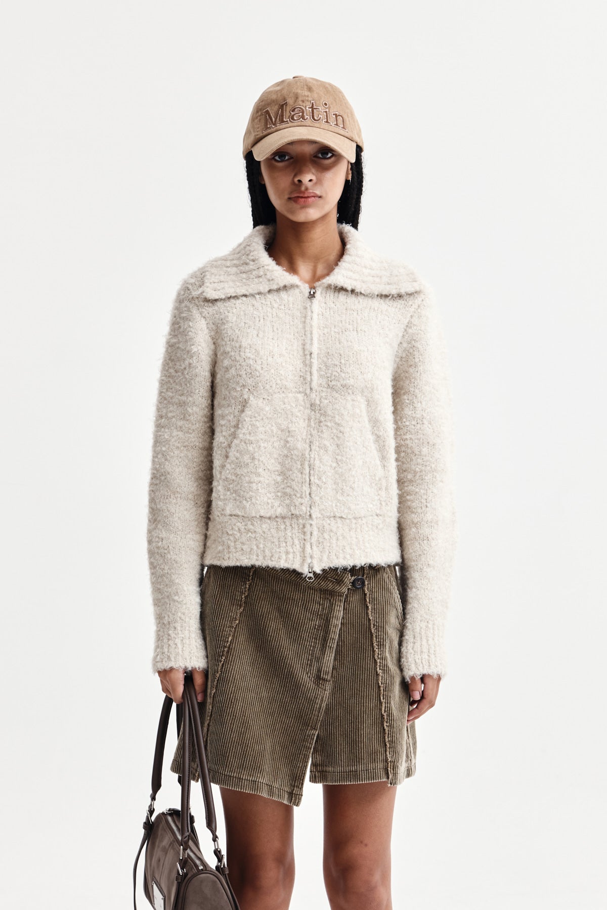 [matinkim] BOUCLE KNIT ZIP UP CARDIGAN IN LIGHT BEIGE