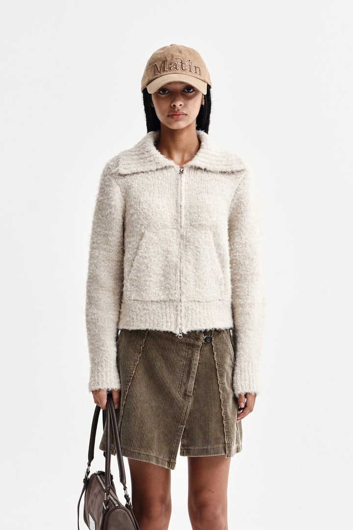 Matinkim Boucle Knit Zip UP Cardigan IN Light Beige