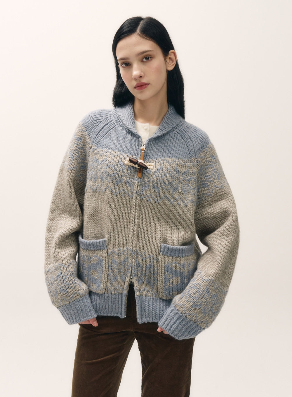 [satur] (W) Cowichan Knit Zip-up Cardigan - Sky Blue