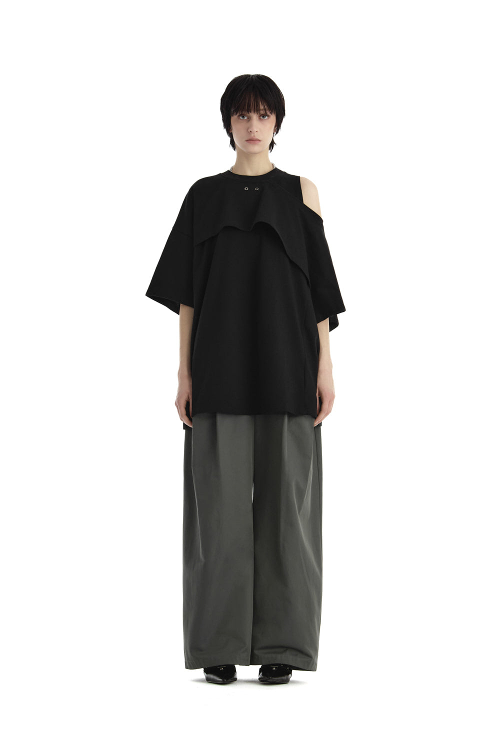 Treemingbird One-Sleeve Overlay Oversized T-Shirt Black