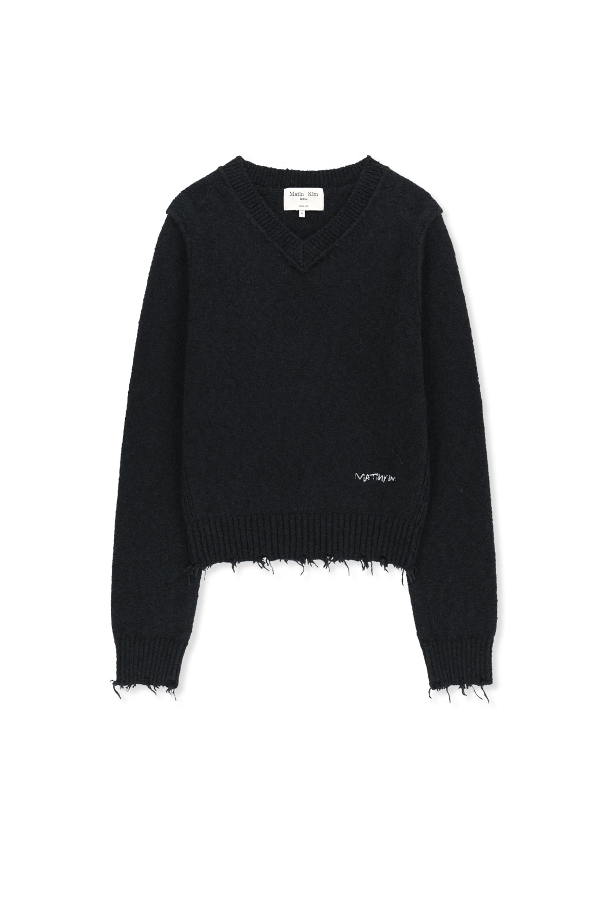 Matinkim Distressed Hem V Neck Knit Pullover IN Dark Navy