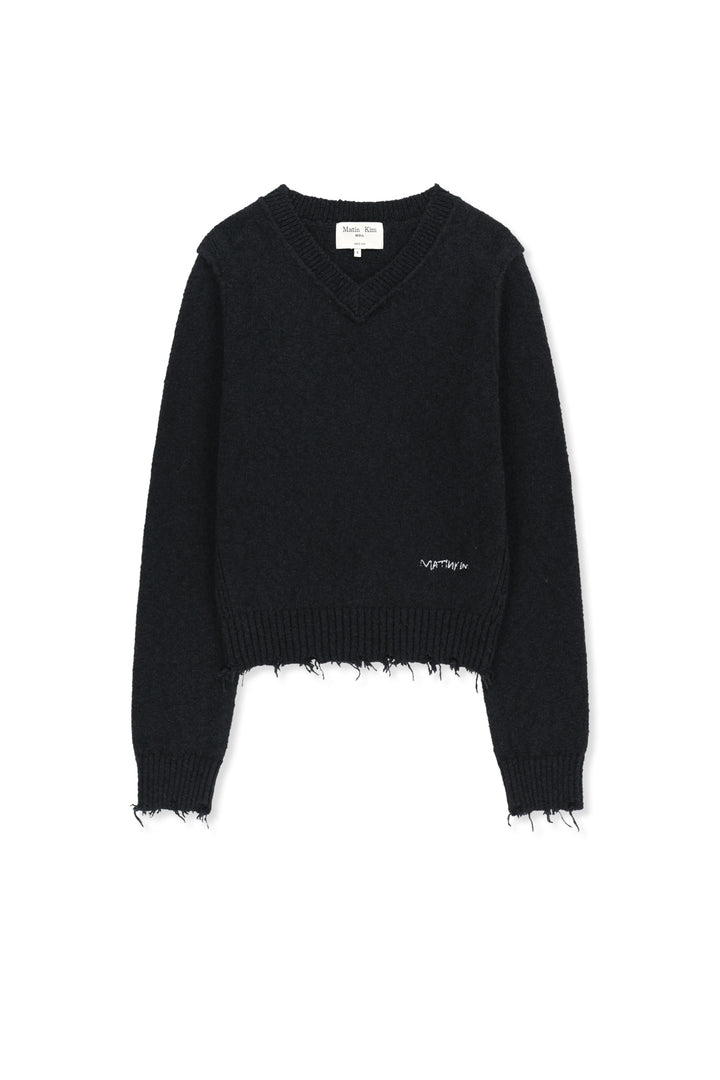 Matinkim Distressed Hem V Neck Knit Pullover IN Dark Navy