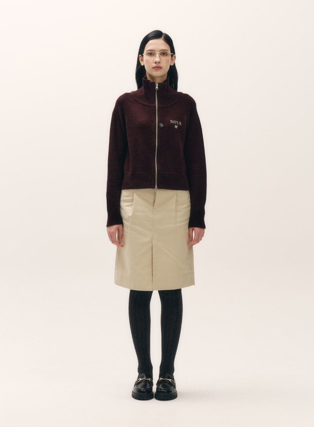 [satur] (W) Signature Logo Knit Zip-up - Burgundy