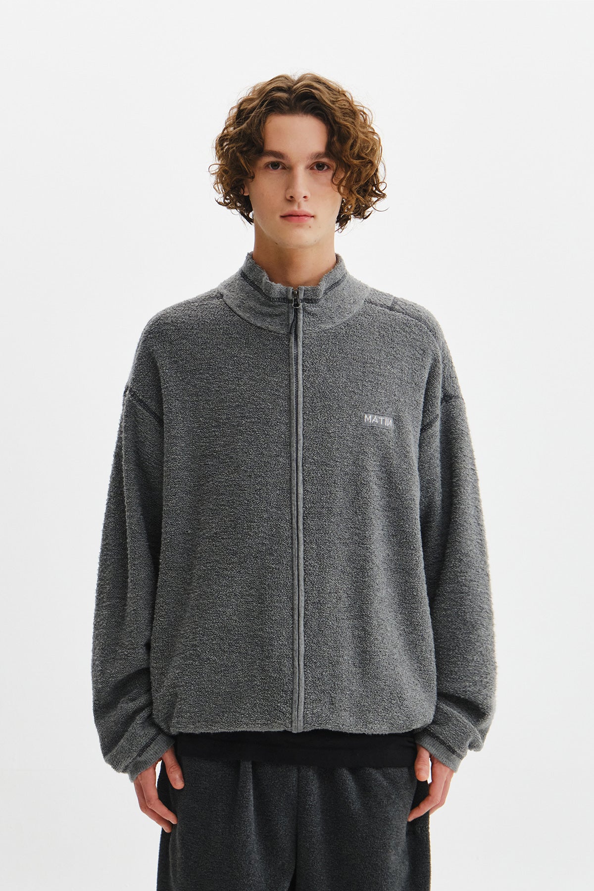 Matinkim Boucle Texture Knit Zip UP IN Grey