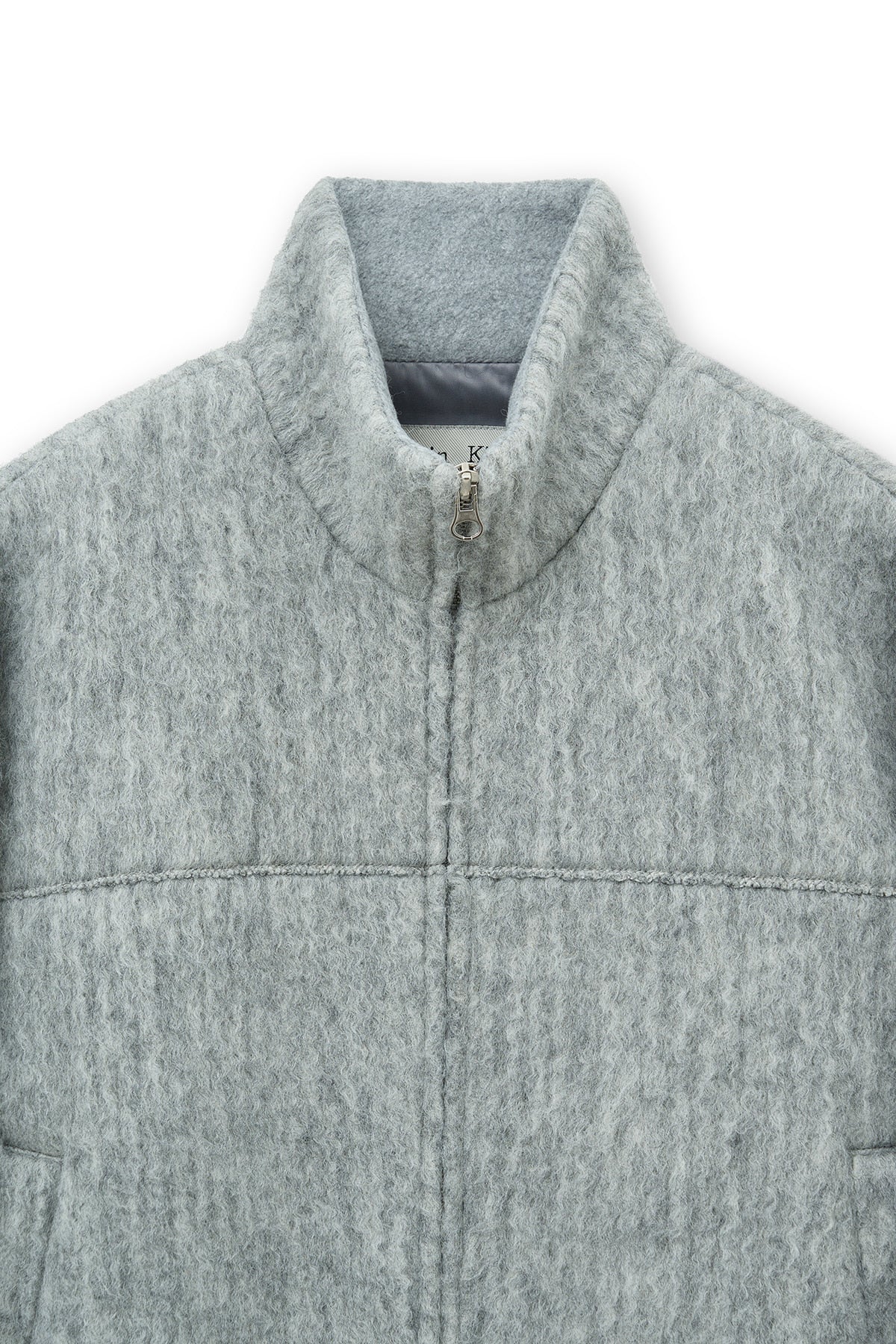 [matinkim] HAIRY HIGH NECK ZIP UP JUMPER IN LIGHT GREY