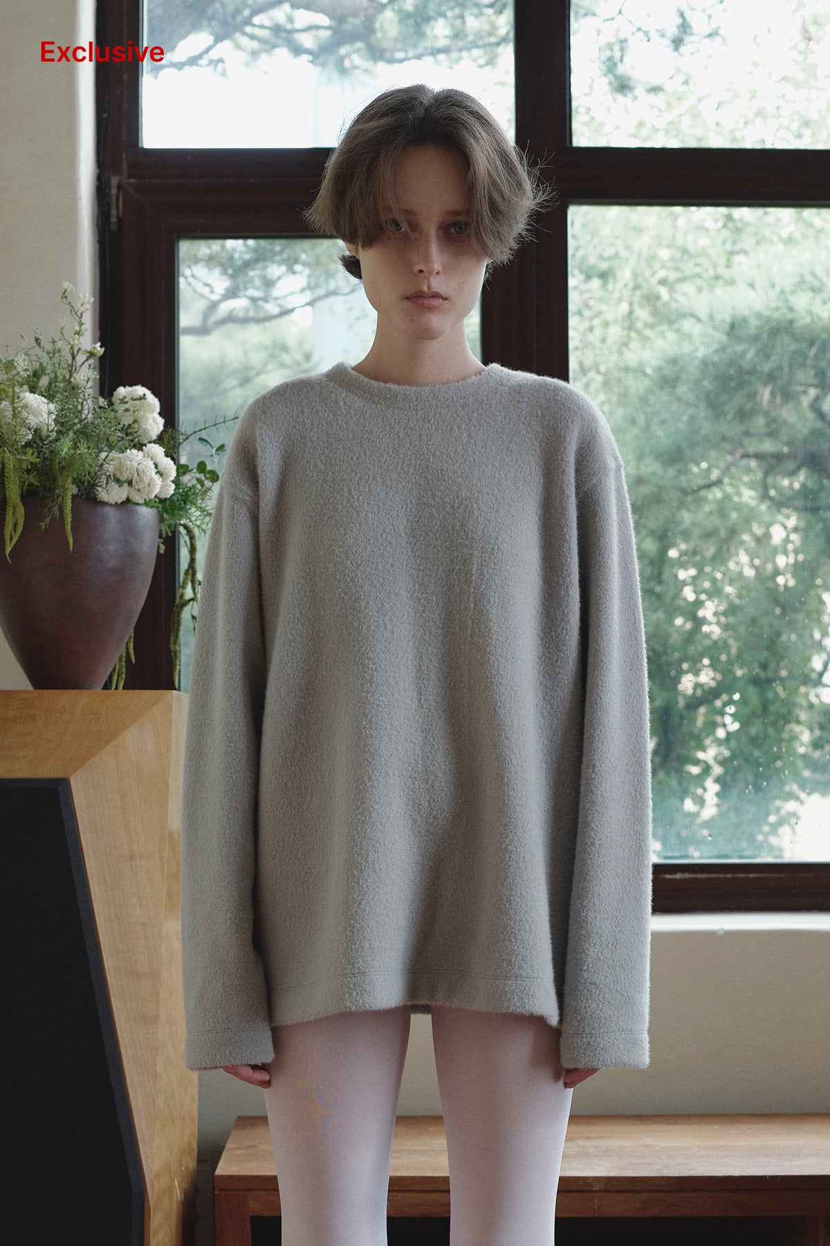Overdueflair Fuzzy Loose T-Shirt Light Grey