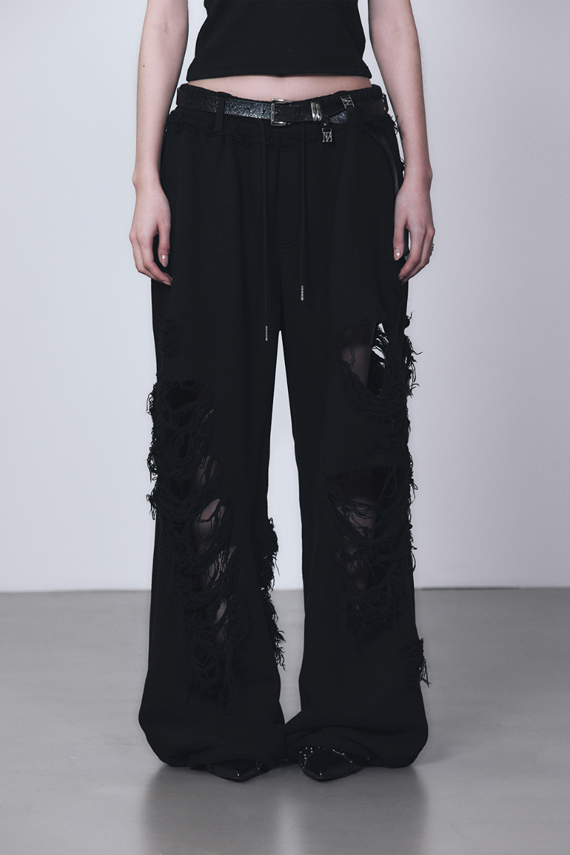Treemingbird Scratch Damage Wide Sweat Pants Black