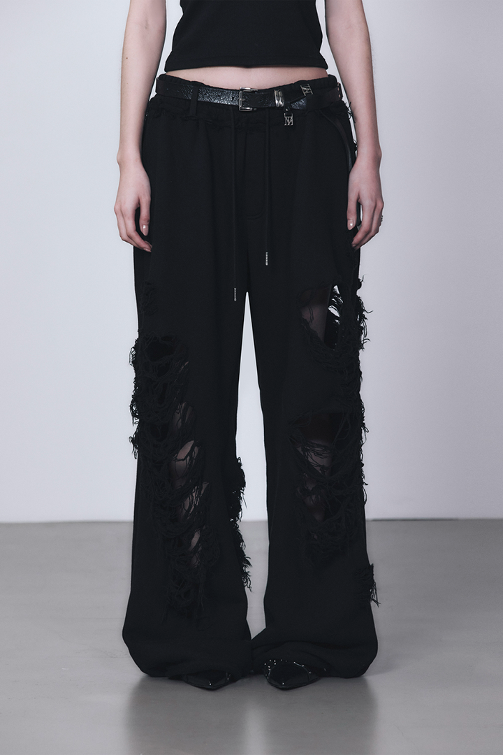 Treemingbird Scratch Damage Wide Sweat Pants Black