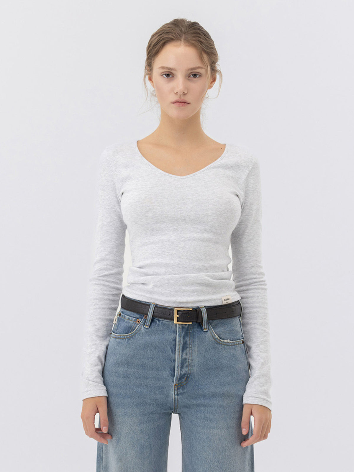 GLOWNY G Charm V-Neck Long Sleeve (Melange Gray)