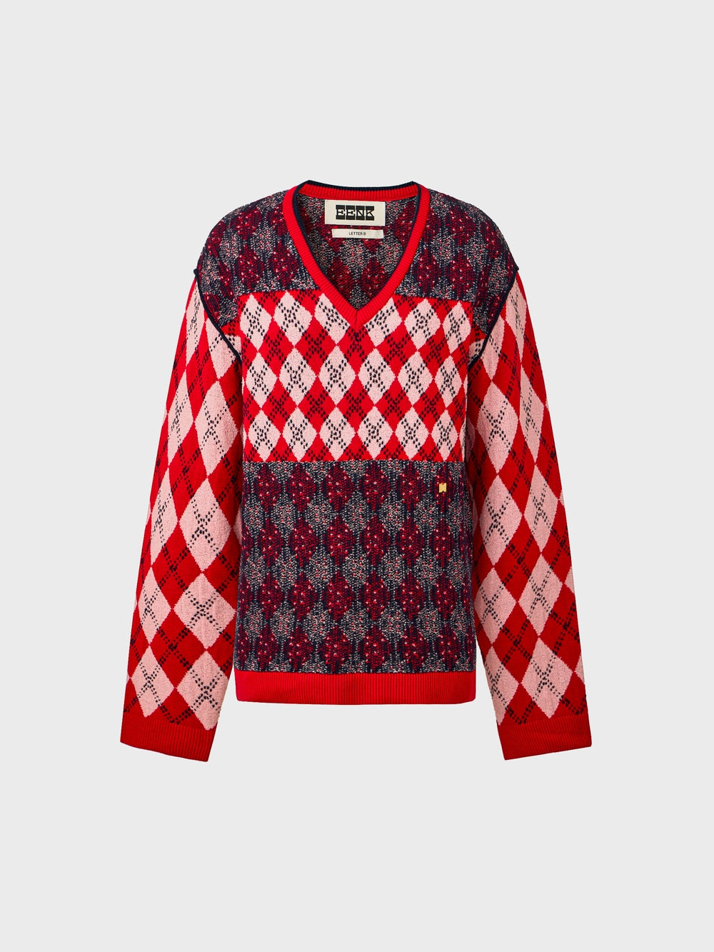 EENK V-Neck Argyle Knitwear Top - Red