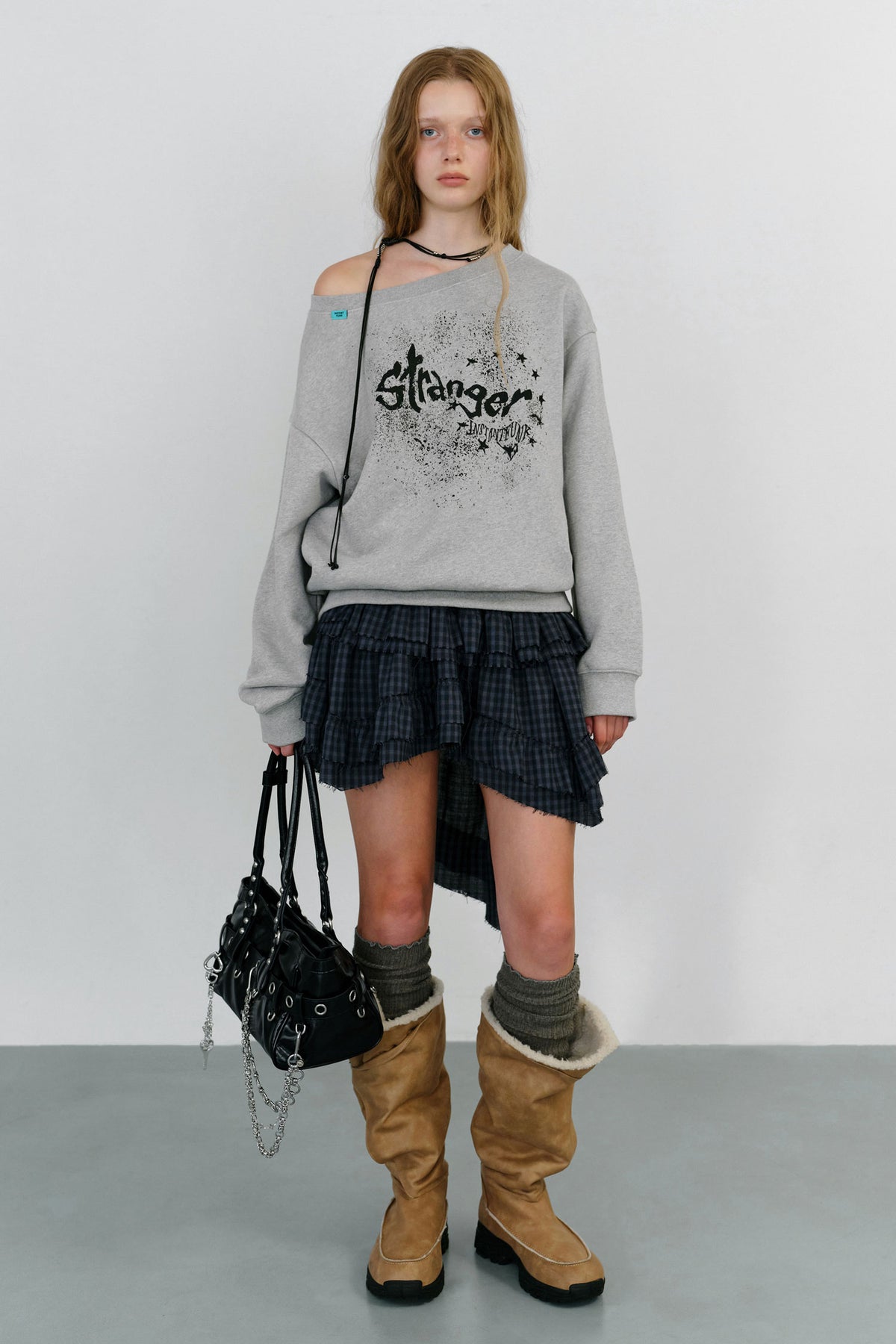 Instantfunk Raw Edge Check Tiered Skirt - Navy