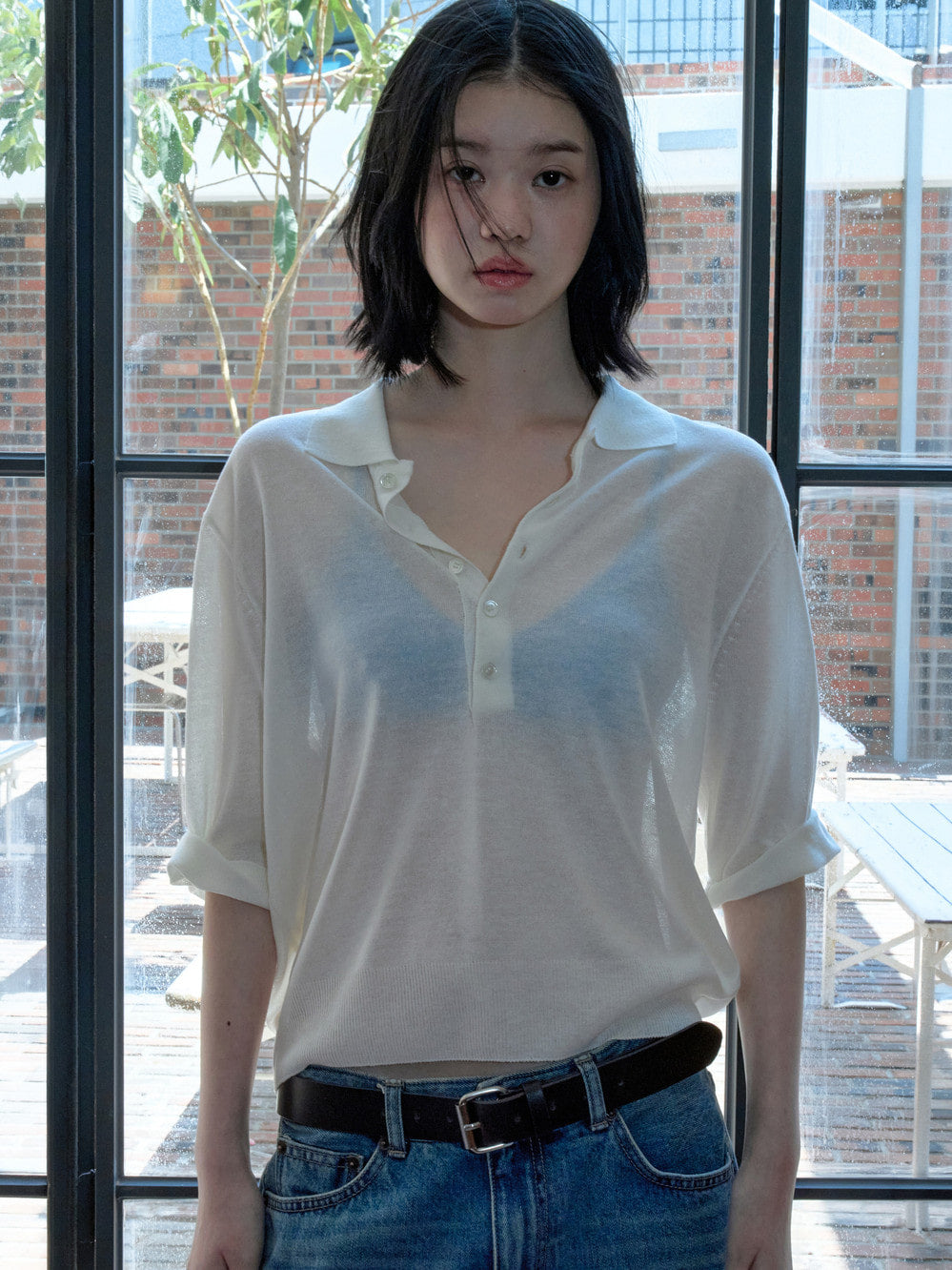 Low Classic Sheer Linen Blended Polo Sweater Ivory