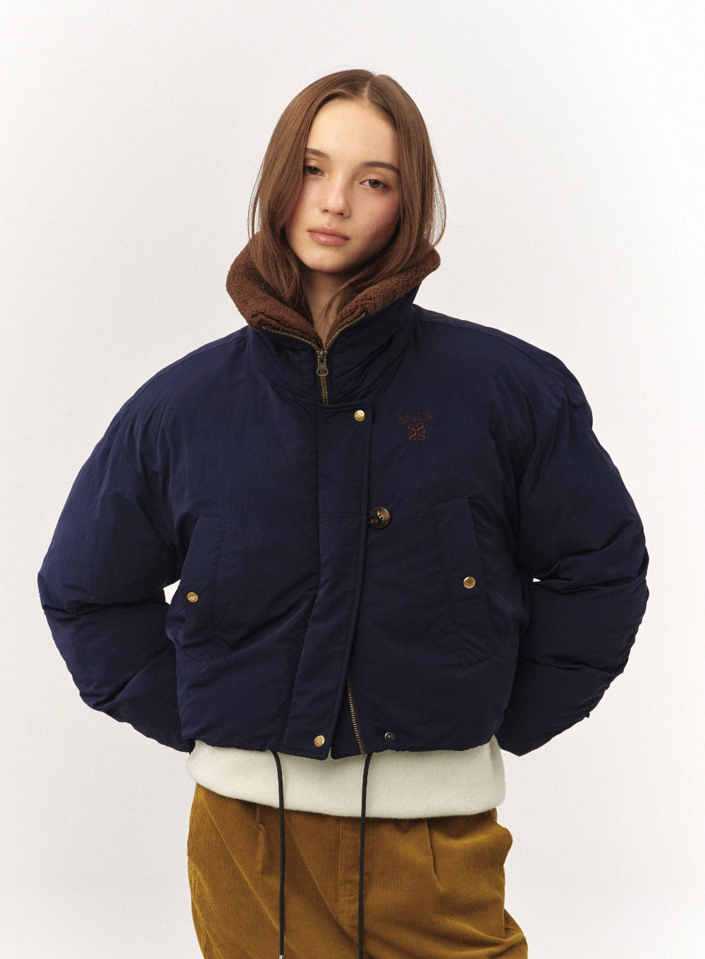 [satur] (W) Wide Collar Crop Padding Jacket - Navy