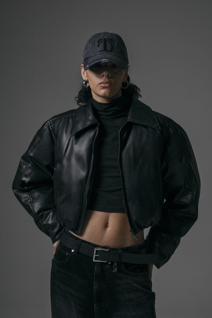 Treemingbird Matt Leather Short Padding Jumper Black