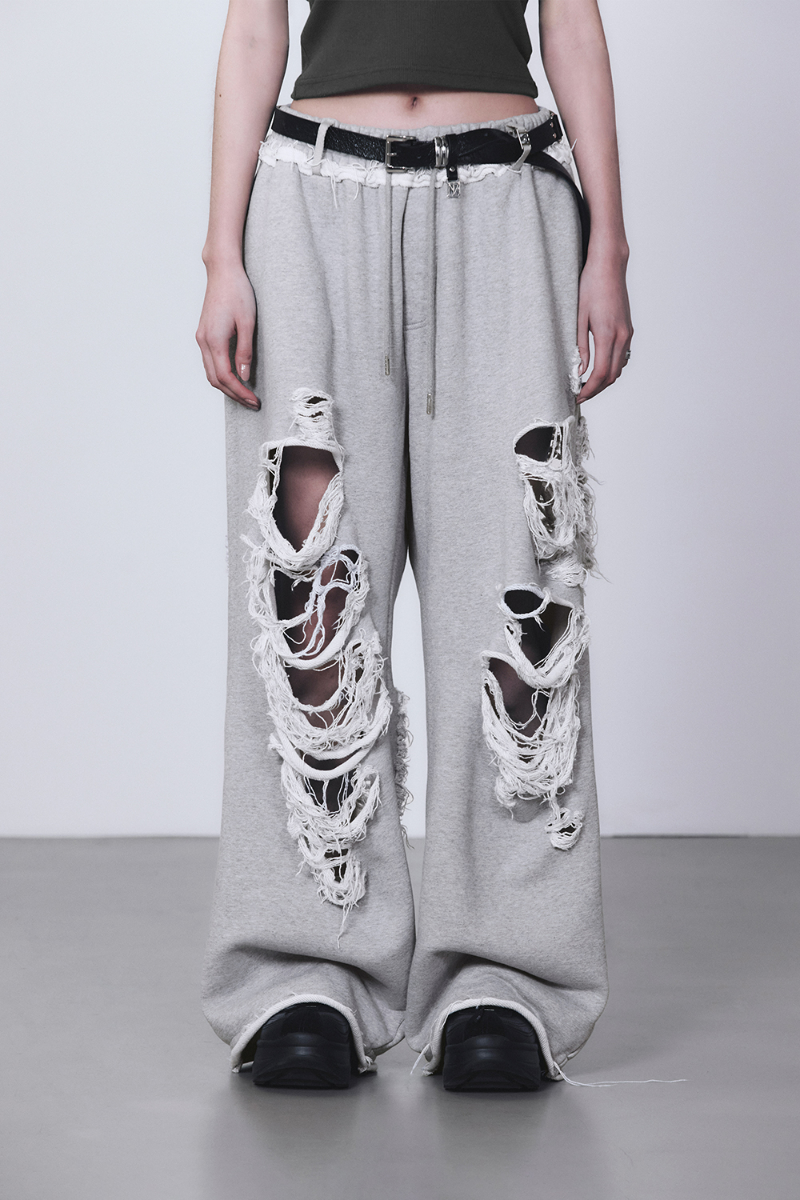Treemingbird Scratch Damage Wide Sweat Pants Melange Gray