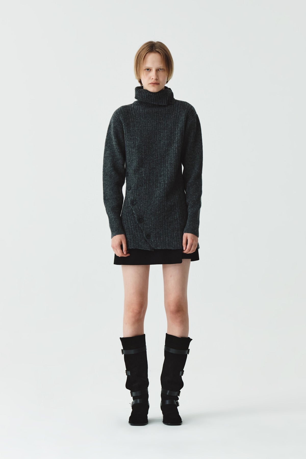 Matinkim Button Slit Knit Dress IN Charcoal