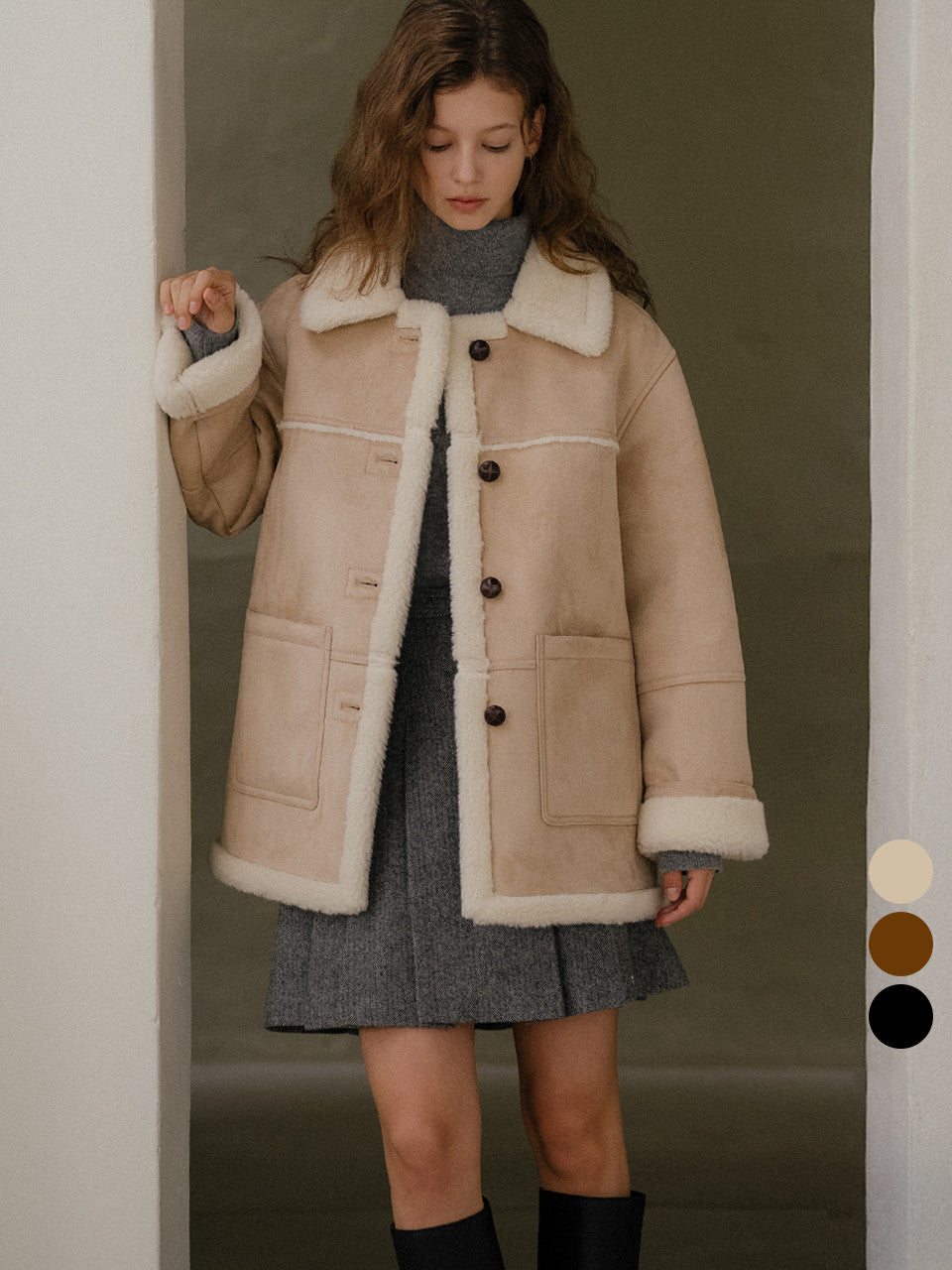 Tillidie Wool shearing collar suede mustang coat