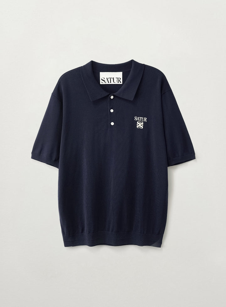 Satur Classic Collar Half Knit - Navy