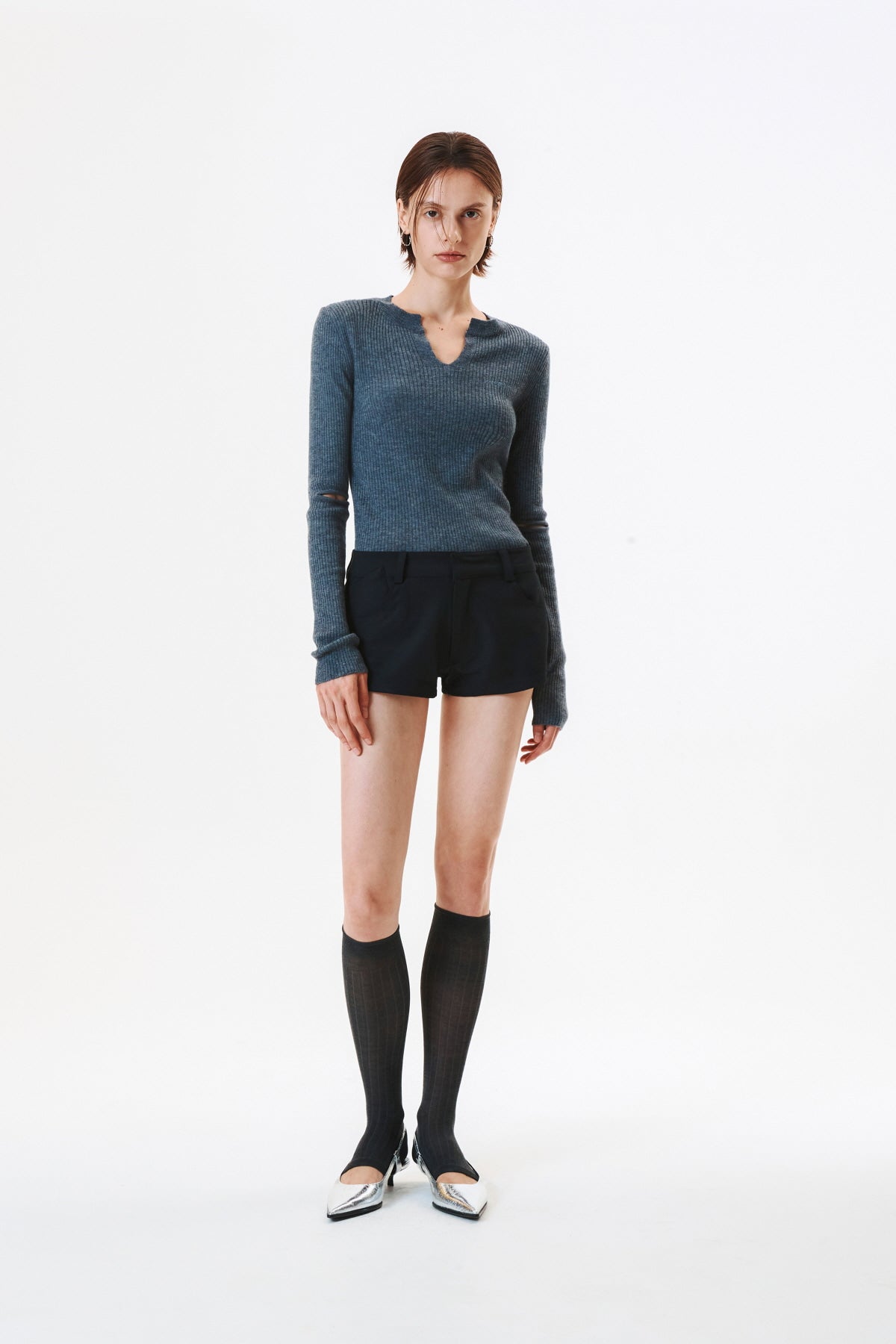 Matinkim Slit Point Slim Knit Top IN Grey