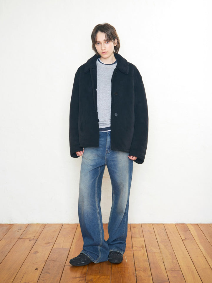 Low Classic 3-Button Suede Shearling Jacket Black