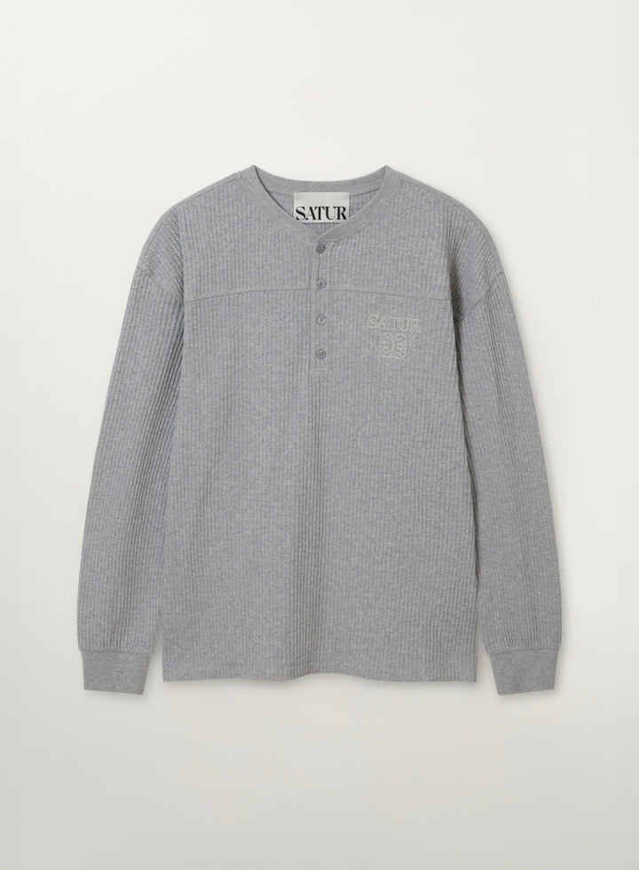 Satur Stitch Waffle Henley Neck Long Sleeve - Melange Gray