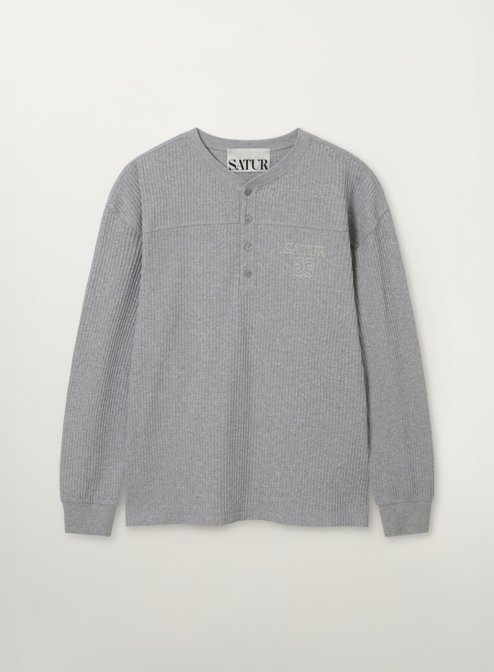 Satur Stitch Waffle Henley Neck Long Sleeve - Melange Gray