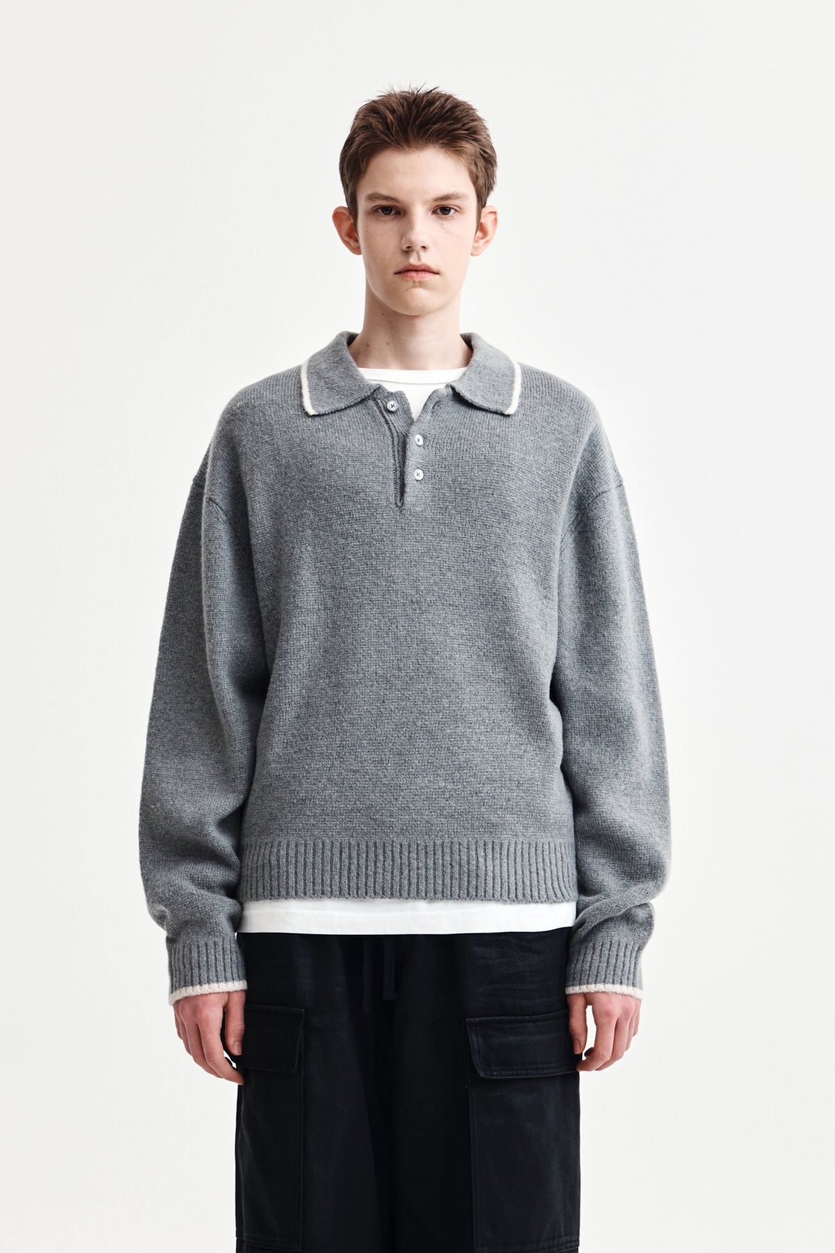 Matinkim Back Logo Collar Knit Top For Men IN Grey