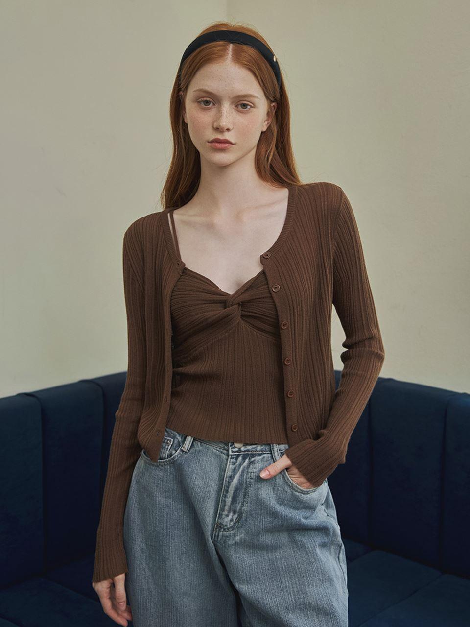 Muton Twist Pattern Sleeveless & Cardigan Set in Light Beige by OPEN YY