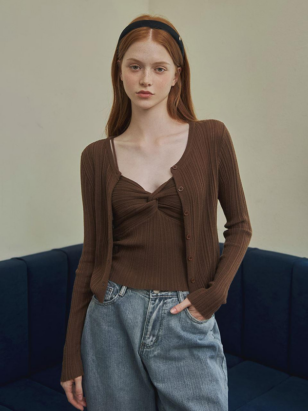 Muton Twist Pattern Sleeveless & Cardigan Set in Light Beige by OPEN YY